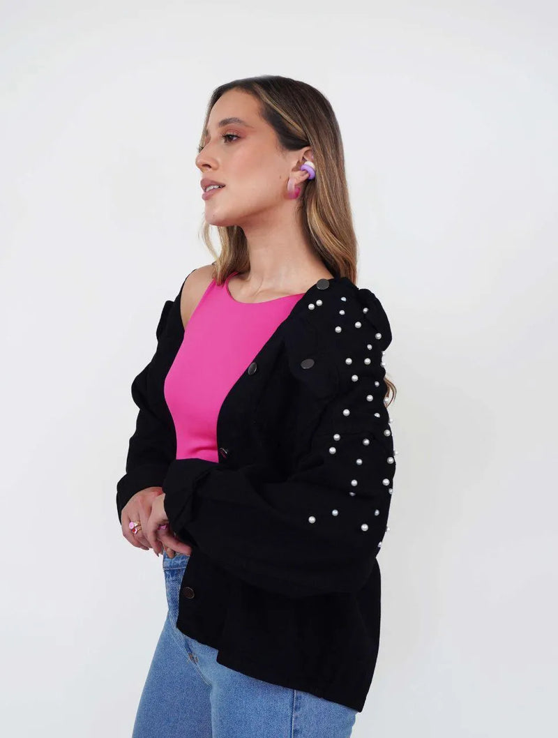 Chaqueta para Mujer Negro Cazadora Denim Con Perlas - Frida Negro