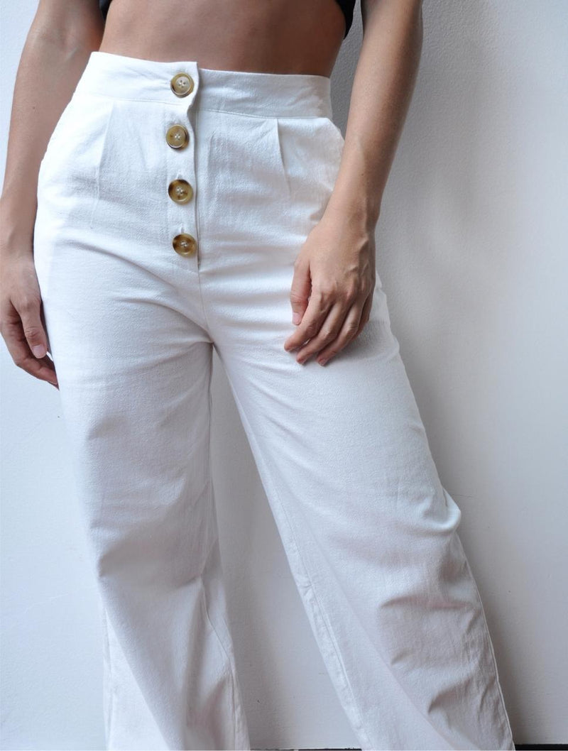 Pantalón para Mujer Blanco Tiro Alto Con Botones - Berenice Blanco